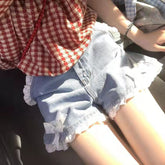 Vintage Jeansshorts mit Schleife und Spitze